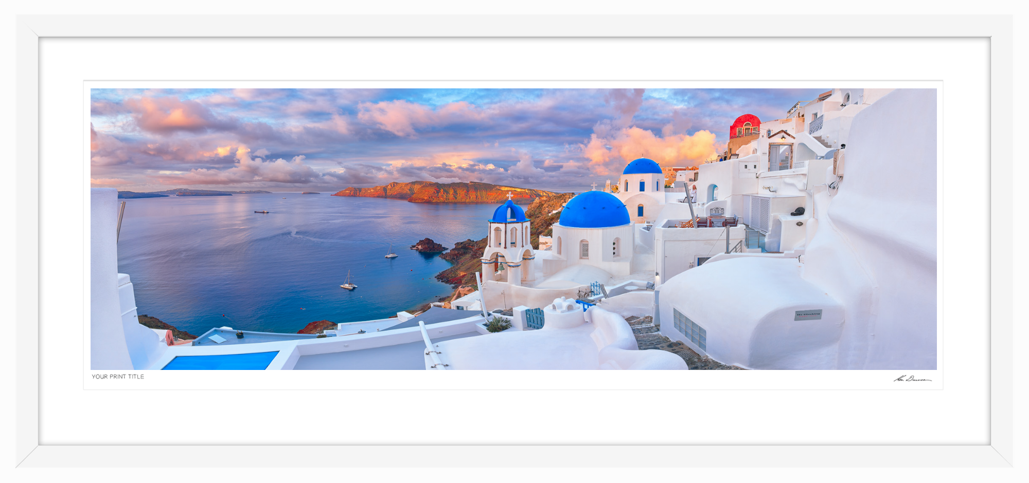 60inch Limited Edition Santorini Sunrise. Framed Dimensions 813mm (h) x 1814mm (w). Registration number 2/100.